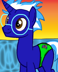 Size: 626x768 | Tagged: safe, derpibooru import, oc, oc only, oc:blazin'blue, pony, unicorn, base used, clothes, glasses, graveyard of comments, sockpuppeting in the comments, solo, speedo, swimsuit