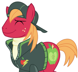 Size: 2667x2466 | Tagged: safe, artist:sketchmcreations, derpibooru import, big macintosh, earth pony, pony, buckball season, backwards ballcap, clothes, eyes closed, hat, jacket, male, simple background, smiling, stallion, transparent background, vector