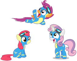 Size: 5000x4000 | Tagged: safe, artist:baronbronie, derpibooru import, edit, apple bloom, scootaloo, sweetie belle, absurd resolution, clothes, cute, cutie mark crusaders, goggles, magic, missing accessory, scootaloo can fly, simple background, sweetie belle's magic brings a great big smile, transparent background, vector, wonderbolt scootaloo, wonderbolts uniform