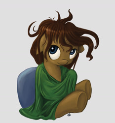 Size: 1460x1567 | Tagged: safe, artist:genbulein, derpibooru import, oc, oc only, oc:heartbreak, earth pony, pony, blanket, blue eyes, cute, female, human in equestria, human to pony, male to female, mare, messy mane, my little heartbreak, pillow, rule 63, solo