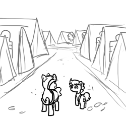 Size: 640x600 | Tagged: safe, artist:ficficponyfic, derpibooru import, oc, oc only, oc:ruby rouge, earth pony, pony, belt, camp, child, cloak, clothes, colt quest, dirt, female, filly, foal, hood, monochrome, road, robe, story included, tent, tents, trail, uniform