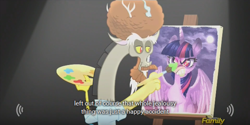 Size: 640x319 | Tagged: safe, artist:mlp-captions, derpibooru import, screencap, discord, what about discord?, bob ross, discovery family logo, meme, youtube caption