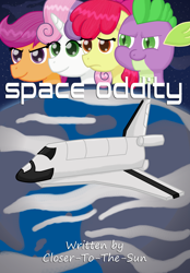 Size: 1500x2152 | Tagged: safe, artist:despisedandbeloved, derpibooru import, apple bloom, scootaloo, spike, sweetie belle, dragon, cutie mark crusaders, fanfic, fanfic art, space, space shuttle, spaceship