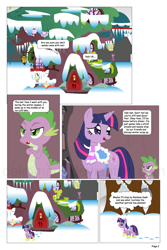Size: 864x1297 | Tagged: safe, artist:dekomaru, spike, twilight sparkle, dragon, comic:the greatest gift, artifact, clothes, comic, golden oaks library, saddle, scarf, snow, winter