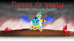 Size: 1280x720 | Tagged: safe, artist:inklingbear, derpibooru import, princess ember, spike, dragon, gauntlet of fire, text