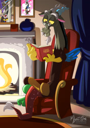 Size: 955x1351 | Tagged: safe, artist:mysticalpha, discord, book, chair, crossed legs, fireplace, glasses, reading, solo