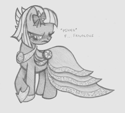 Size: 654x590 | Tagged: safe, artist:lockerobster, derpibooru import, limestone pie, blushing, clothes, cute, dress, gala dress, grayscale, hair bow, holder's boulder, limabetes, lime, monochrome, solo