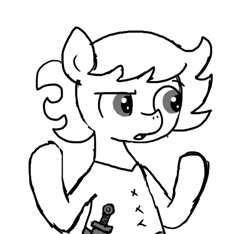 Size: 640x600 | Tagged: safe, artist:ficficponyfic, derpibooru import, oc, oc only, oc:ruby rouge, earth pony, pony, child, clothes, colt quest, confused, female, filly, foal, knife, monochrome, solo focus, story included