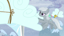 Size: 1920x1090 | Tagged: safe, derpibooru import, screencap, silverspeed, pegasus, pony, tanks for the memories, background pony, cloud, cloud moving, female, flying, lidded eyes, mare, overcast, sky sweeper, snow, snowfall, solo focus, unnamed pony