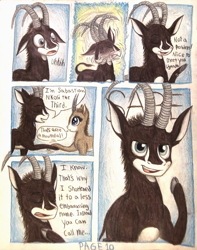 Size: 1080x1368 | Tagged: safe, artist:thefriendlyelephant, derpibooru import, oc, oc only, oc:sabe, oc:uganda, antelope, giant sable antelope, comic:sable story, animal in mlp form, cloven hooves, comic, dialogue, entranced, face shake, hoofshake, horns, shaking, traditional art