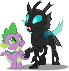 Size: 3872x4000 | Tagged: safe, artist:dashiesparkle, derpibooru import, spike, thorax, changeling, dragon, the times they are a changeling, .svg available, a changeling can change, absurd resolution, happy, open mouth, simple background, singing, song, transparent background, vector