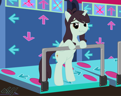 Size: 2439x1936 | Tagged: safe, artist:oshitsukiryuu, derpibooru import, sprout greenhoof, viva las pegasus, dance dance revolution, las pegasus resident, rhythm game, solo, wavy mouth