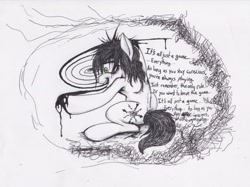 Size: 2057x1540 | Tagged: safe, artist:scribblepwn3, derpibooru import, oc, oc only, oc:suit twister, earth pony, pony, ink, insanity, limited palette, messy mane, pen drawing, solo, traditional art