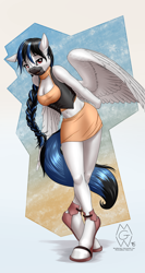 Size: 2000x3755 | Tagged: safe, artist:mykegreywolf, oc, oc only, oc:noon walker, anthro, pegasus, unguligrade anthro, anthro oc, arm behind back, belly button, boots, braid, braided ponytail, breasts, cleavage, clothes, female, hoof boots, hoof shoes, legs, looking at you, mare, miniskirt, ponytail, raffle prize, shoes, skirt, smiling, solo, thighs