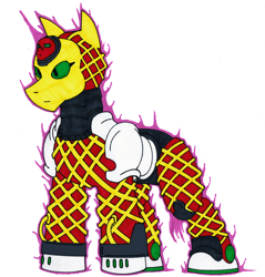 Size: 836x875 | Tagged: safe, artist:combatkaiser, derpibooru import, aura, epitaph, jojo's bizarre adventure, king crimson, ponified, simple background, solo, spoilers for another series, spoilers in the comments, stand, transparent background, vento aureo