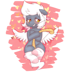 Size: 1280x1280 | Tagged: safe, artist:abeomaero, derpibooru import, oc, oc only, oc:riptide, arrow, blushing, bow (weapon), chibi, clothes, cupid, mouth hold, smiling, socks, solo, wings