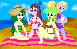 Size: 4519x2885 | Tagged: safe, artist:cyber-murph, derpibooru import, cherry crash, cloudy kicks, sweet leaf, velvet sky, equestria girls, ass, background human, beach, belly button, bellyring, bikini, breasts, busty cherry crash, busty velvet sky, cleavage, clothes, ear piercing, earring, female, hand on hip, hat, jewelry, looking back, midriff, piercing, rear view, sports bra, sports shorts, swimsuit, towel, volleyball