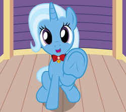 Size: 3300x2930 | Tagged: safe, artist:badumsquish, derpibooru exclusive, trixie, pony, unicorn, bell, bow, collar, female, frog (hoof), grin, happy, looking at you, raised hoof, sitting, smiling, solo, trixie's wagon, underhoof
