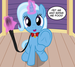 Size: 3300x2930 | Tagged: safe, artist:badumsquish, derpibooru exclusive, trixie, pony, unicorn, behaving like a dog, bell, bow, collar, cute, dialogue, diatrixes, female, frog (hoof), grin, happy, leash, looking at you, magic, mare, pet play, pony pet, raised hoof, sitting, smiling, solo, telekinesis, trixie's wagon, underhoof