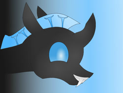 Size: 1066x806 | Tagged: safe, artist:psychicpie, derpibooru import, oc, oc only, oc:steel crescent, changeling, blue changeling, fangs, gradient background, grin, happy, horn, smiling, solo