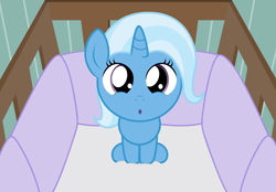 Size: 3076x2144 | Tagged: safe, artist:badumsquish, derpibooru exclusive, trixie, pony, unicorn, :o, baby, baby pony, baby trixie, crib, cute, diatrixes, female, filly, looking at you, open mouth, sitting, solo, younger