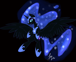 Size: 1024x834 | Tagged: safe, artist:thatonelass, derpibooru import, nightmare moon, alicorn, pony, flying, open mouth, solo