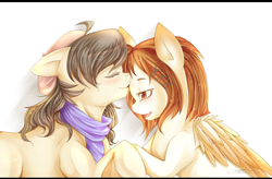 Size: 1600x1047 | Tagged: safe, artist:meewin, derpibooru import, oc, oc only, oc:moon brush, earth pony, pegasus, pony, clothes, female, lesbian, nuzzling, oc x oc, scarf, shipping