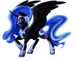 Size: 1024x819 | Tagged: safe, artist:slime-tiger, derpibooru import, nightmare moon, alicorn, pony, grin, simple background, smiling, solo, spread wings, transparent background