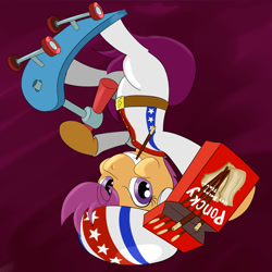 Size: 2000x2000 | Tagged: safe, artist:osakaoji, derpibooru import, scootaloo, clothes, costume, evel knievel, food, helmet, pocky, scooter, solo, upside down