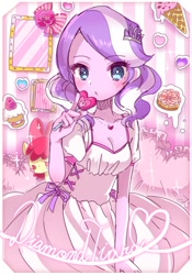 Size: 600x855 | Tagged: safe, artist:weiliy, derpibooru import, apple bloom, diamond tiara, equestria girls, adorasexy, cake, candy, cleavage, clothes, cupcake, cute, diamondbetes, dress, female, food, ice cream cone, jewelry, lollipop, looking at you, pink, sexy, solo focus, tiara