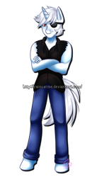 Size: 812x1482 | Tagged: safe, artist:raincatme, derpibooru import, oc, oc only, oc:caperetox, anthro, unguligrade anthro, unicorn, anthro oc, clothes, crossed arms, eyepatch, jeans, pants, red eye, solo