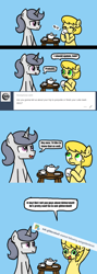 Size: 640x1800 | Tagged: safe, artist:ficficponyfic, derpibooru import, snails, oc, oc:golden brisk, oc:silver breeze, ask, female, femboy, food, glitter shell, goldeeze, male, question, reverse trap, simple background, sipping, speech bubble, tea, tea set, teacup, trap, tumblr