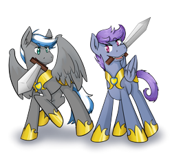 Size: 5669x5102 | Tagged: safe, artist:apple-crumbler, derpibooru import, oc, oc only, oc:cloud zapper, oc:windy dripper, pegasus, pony, absurd resolution, armor, mouth hold, royal guard, sword, weapon