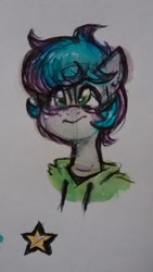 Size: 540x960 | Tagged: safe, artist:hippykat13, derpibooru import, oc, oc only, oc:kitty sweet, clothes, cute, freckles, glasses, hoodie, scar, solo, stars, traditional art, watercolor painting