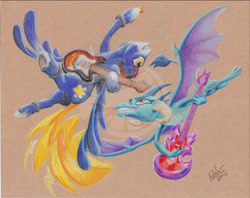 Size: 1008x800 | Tagged: safe, artist:zene, derpibooru import, princess ember, oc, oc:indy, dragon, guitar