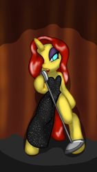 Size: 720x1278 | Tagged: safe, artist:terdburgler, derpibooru import, oc, oc only, oc:vibrata songbird, pony, bipedal, black dress, clothes, dress, hair over one eye, lipstick, side slit, singing, solo, spotlight, stage