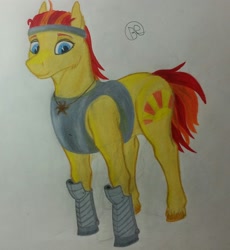 Size: 2146x2330 | Tagged: safe, artist:blastradiuss, derpibooru import, oc, oc only, oc:ruby ray, armor, boots, cleric, dungeons and dragons, pen and paper rpg, ponyfinder, rpg, solo, traditional art, unshorn fetlocks