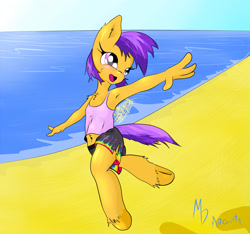 Size: 2488x2329 | Tagged: safe, artist:mdgusty, derpibooru import, scootaloo, anthro, unguligrade anthro, armpits, beach, belly button, clothes, midriff, open mouth, solo, tanktop, unshorn fetlocks