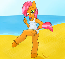 Size: 2600x2362 | Tagged: safe, artist:mdgusty, derpibooru import, babs seed, anthro, unguligrade anthro, beach, clothes, fake cutie mark, marker, one-piece swimsuit, solo, swimsuit