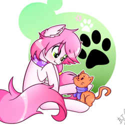 Size: 300x300 | Tagged: safe, artist:ten-dril, derpibooru import, oc, oc only, oc:tendril, cat, earth pony, pony, clothes, collar, deviantart id, digital art, ear fluff, female, green eyes, pigtails, scarf, sitting, solo