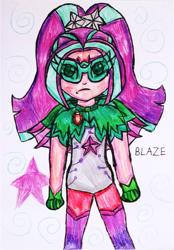 Size: 921x1326 | Tagged: safe, artist:blazingdazzlingdusk, derpibooru import, aria blaze, equestria girls, rainbow rocks, drawing, glasses, solo, superhero, traditional art