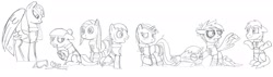 Size: 2468x700 | Tagged: safe, artist:dsb71013, derpibooru import, oc, oc only, oc:amber spark, oc:light fantastic, oc:night cap, oc:rhapsody, oc:willow wisp, oc:windrose weave, comic, monochrome, story included