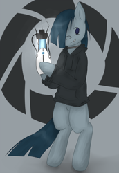 Size: 686x1000 | Tagged: safe, artist:i-am-tet, derpibooru import, marble pie, aperture science, bipedal, choker, clothes, hoodie, lonely inky, portal (valve), portal gun, solo