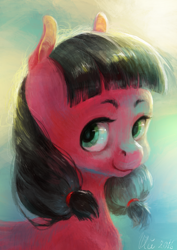 Size: 1024x1449 | Tagged: safe, artist:wolfiedrawie, derpibooru import, oc, oc only, oc:macdolia, earth pony, pony, bust, digital art, pigtails, portrait, three quarter view