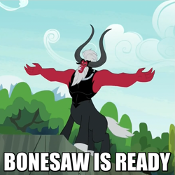 Size: 871x872 | Tagged: safe, derpibooru import, edit, edited screencap, screencap, lord tirek, centaur, exploitable meme, horns, image macro, lord tirek's outstretched arms, macho man randy savage, male, meme, nose ring, open mouth, solo, spider-man, text, tree