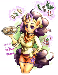 Size: 1200x1536 | Tagged: safe, artist:hobilo, derpibooru import, saffron masala, anthro, spice up your life, cute, female, food, hand on hip, magic, solo, telekinesis, traditional art