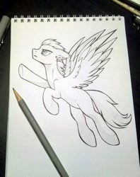 Size: 478x604 | Tagged: safe, artist:dragonataxia, derpibooru import, lightning dust, pegasus, pony, flying, monochrome, solo, traditional art