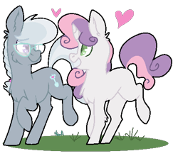 Size: 463x408 | Tagged: safe, artist:maximumbark, derpibooru import, silver spoon, sweetie belle, pony, female, filly, heart, lesbian, open mouth, raised hoof, shipping, silverbelle