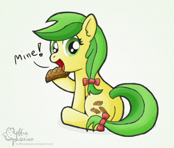 Size: 1500x1277 | Tagged: safe, artist:muffinexplosion, derpibooru import, apple fritter, apple family member, apple fritter (food), cute, dialogue, food, solo