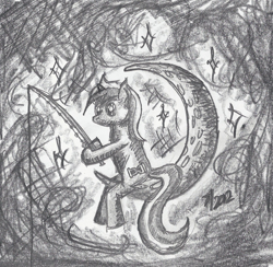 Size: 1370x1336 | Tagged: safe, artist:arctic-lux, derpibooru import, minuette, dreamworks, fishing rod, grayscale, monochrome, moon, solo, tangible heavenly object, traditional art